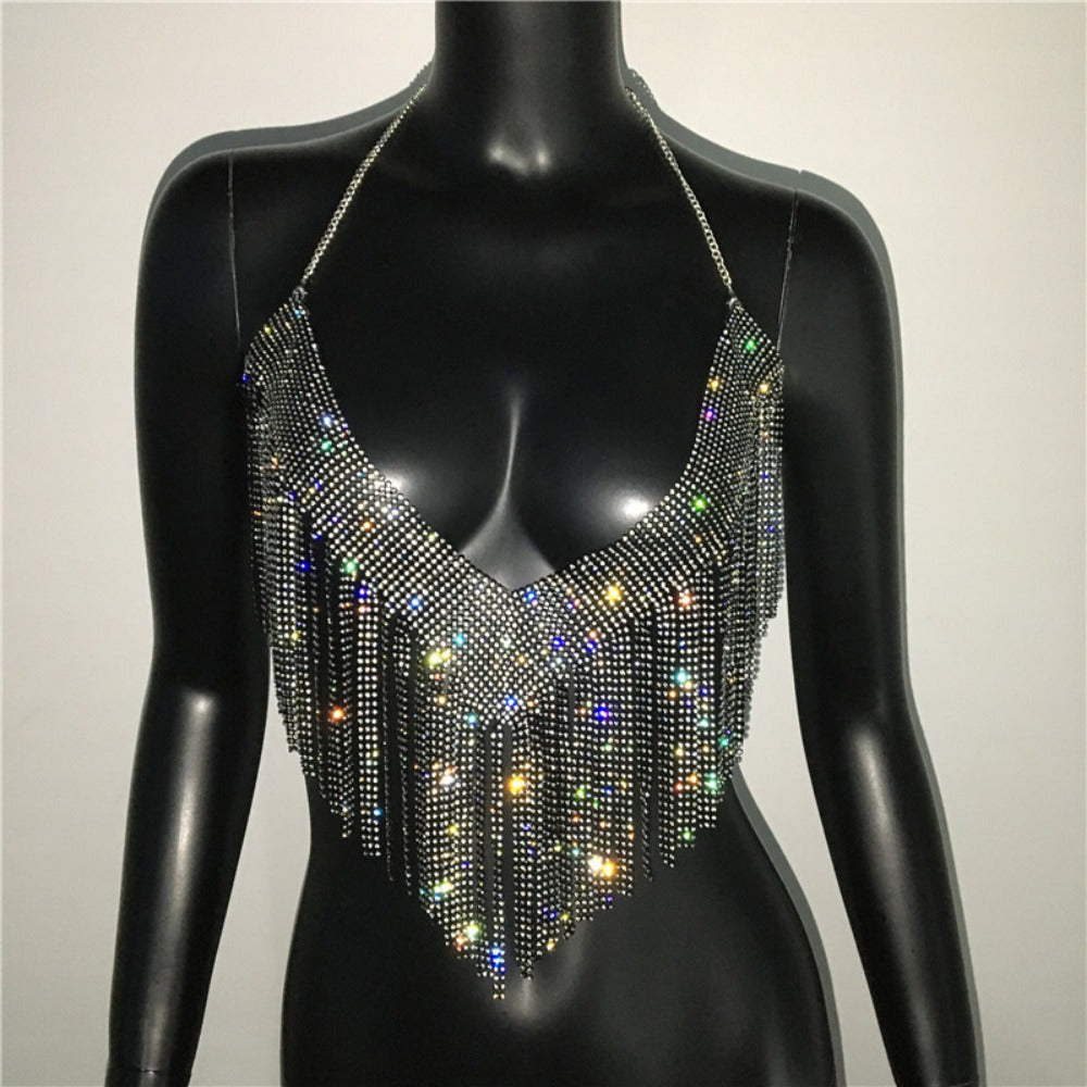Glamorous Golden-Tone Rhinestone Tassel Necklace - Luxurious Alloy Crop Top with Sparkling Fringe Detail, Perfect for Parties & Celebrations